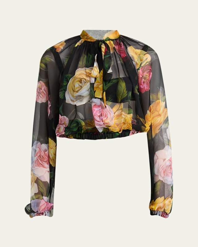 Rose Tie-Neck Chiffon Cropped Blouse